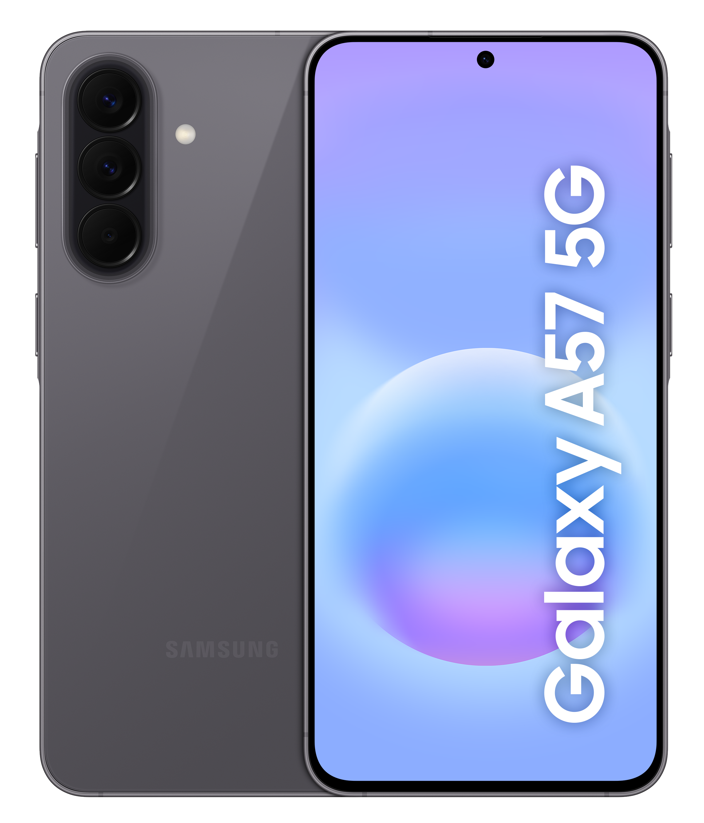 Szary smartfon Samsung Galaxy A57 5G z potrójnym aparatem.