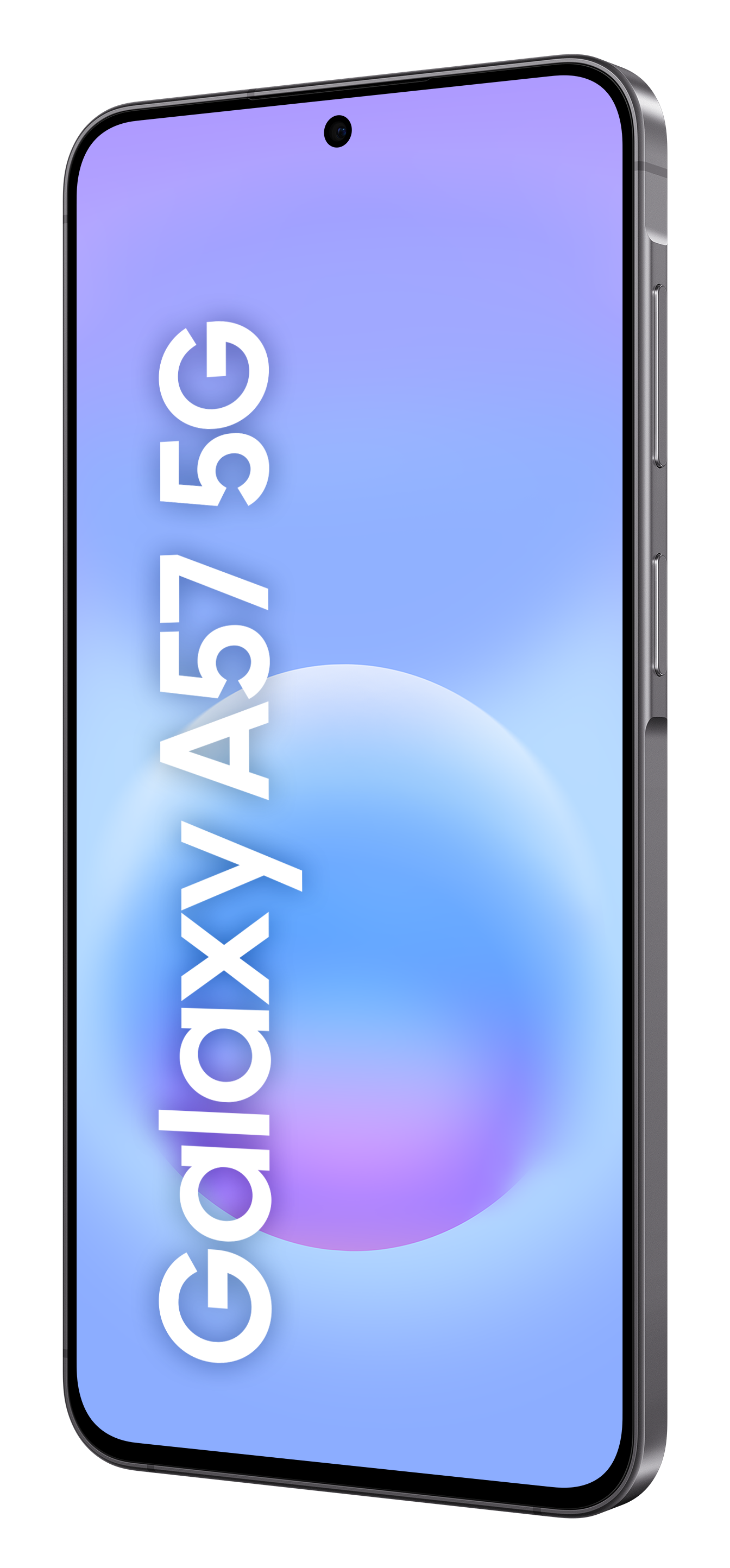 Szary smartfon z napisem "Galaxy A57 5G" na ekranie.