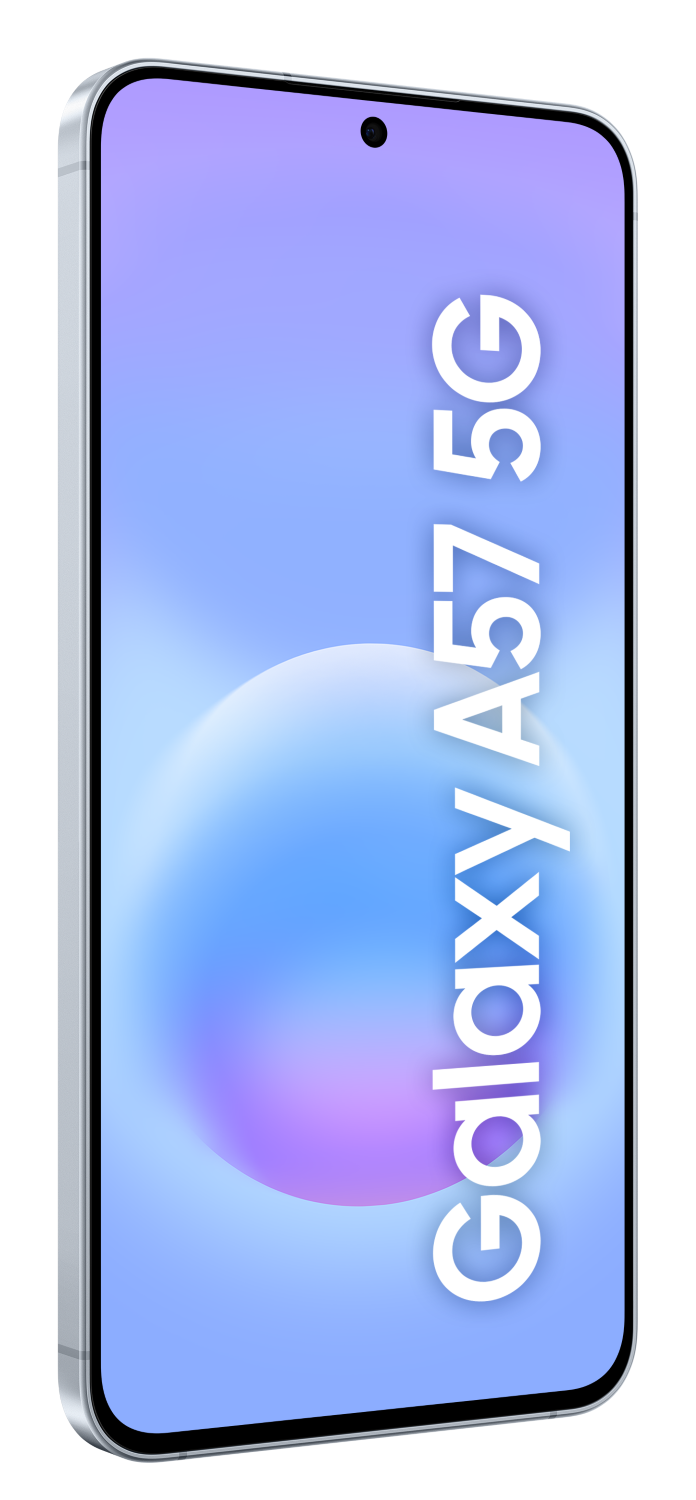Srebrny smartfon z grafiką tła w kolorach fioletowo-niebieskich. Tekst: Galaxy A57 5G.