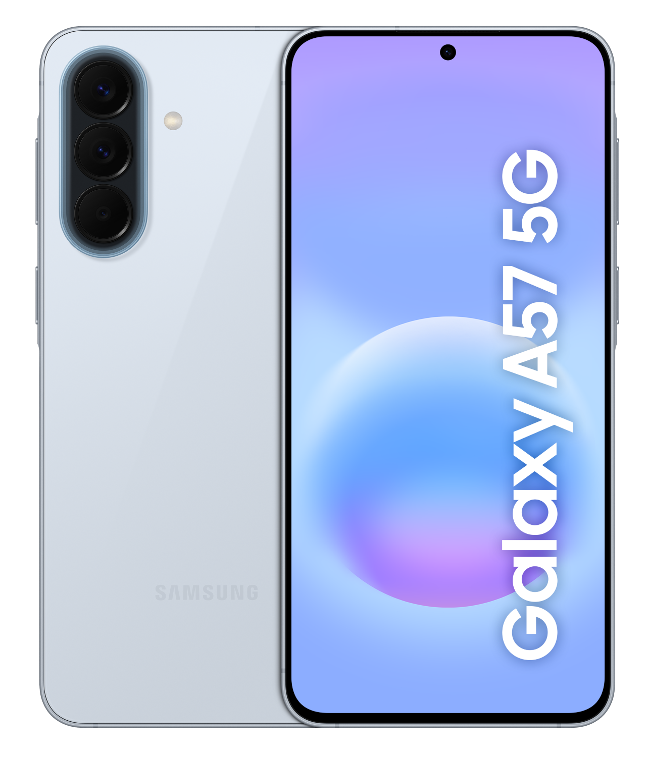 Jasnoniebieski smartfon Samsung Galaxy A57 5G z trzema aparatami.