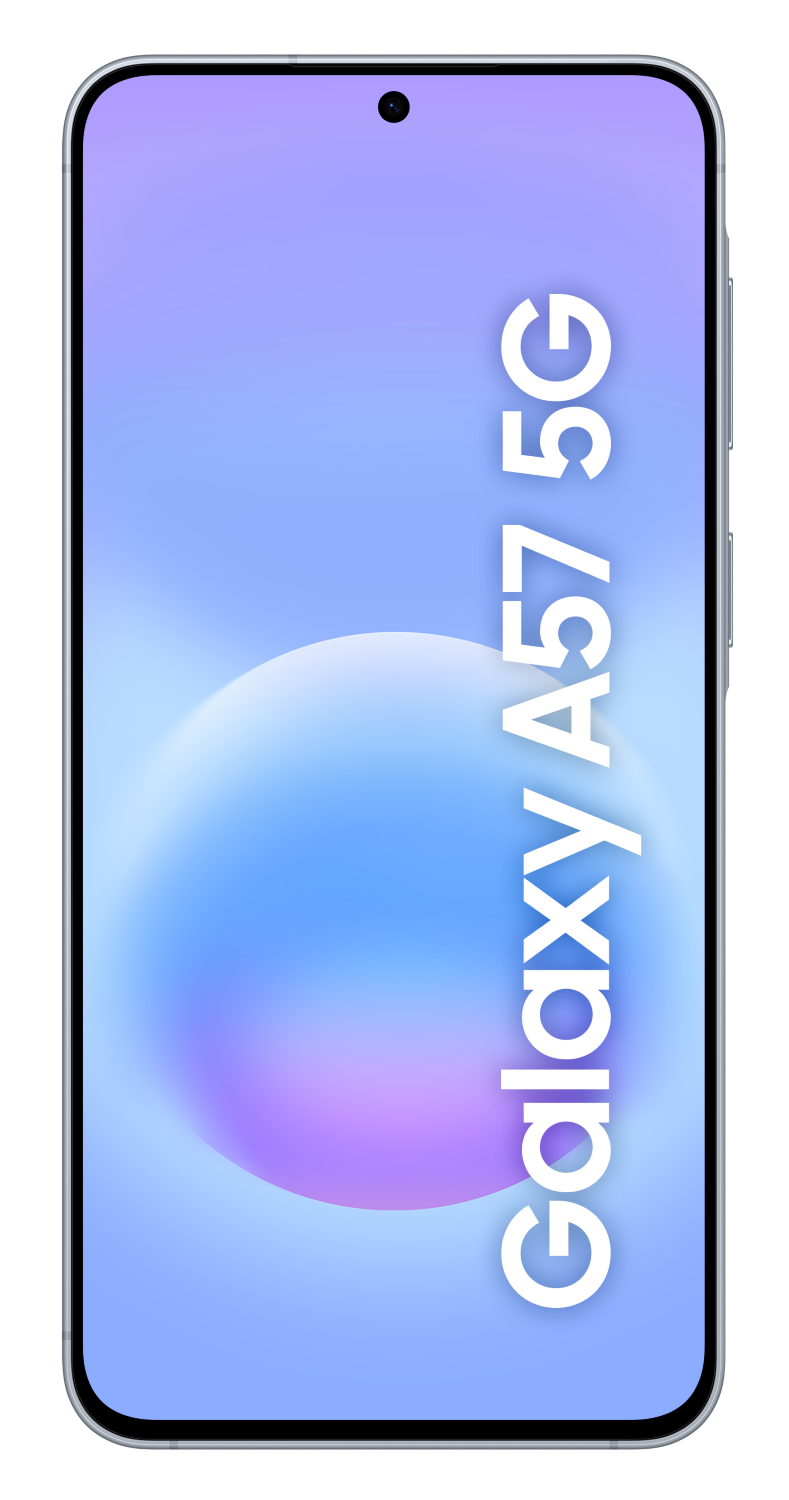 Smartfon z tekstem 'Galaxy A57 5G' na niebiesko-fioletowym tle.
