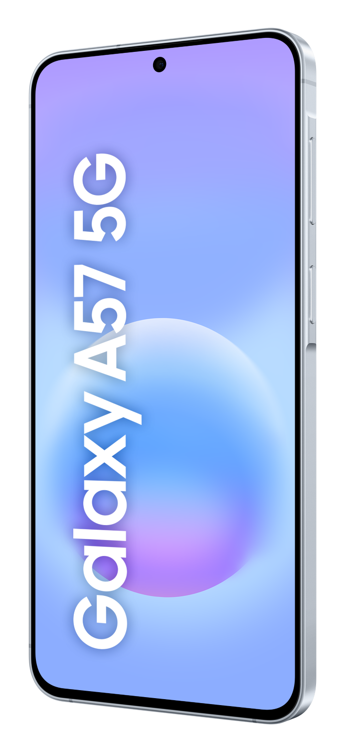 Srebrny smartfon Samsung Galaxy A57 5G z niebiesko-fioletowym tłem.