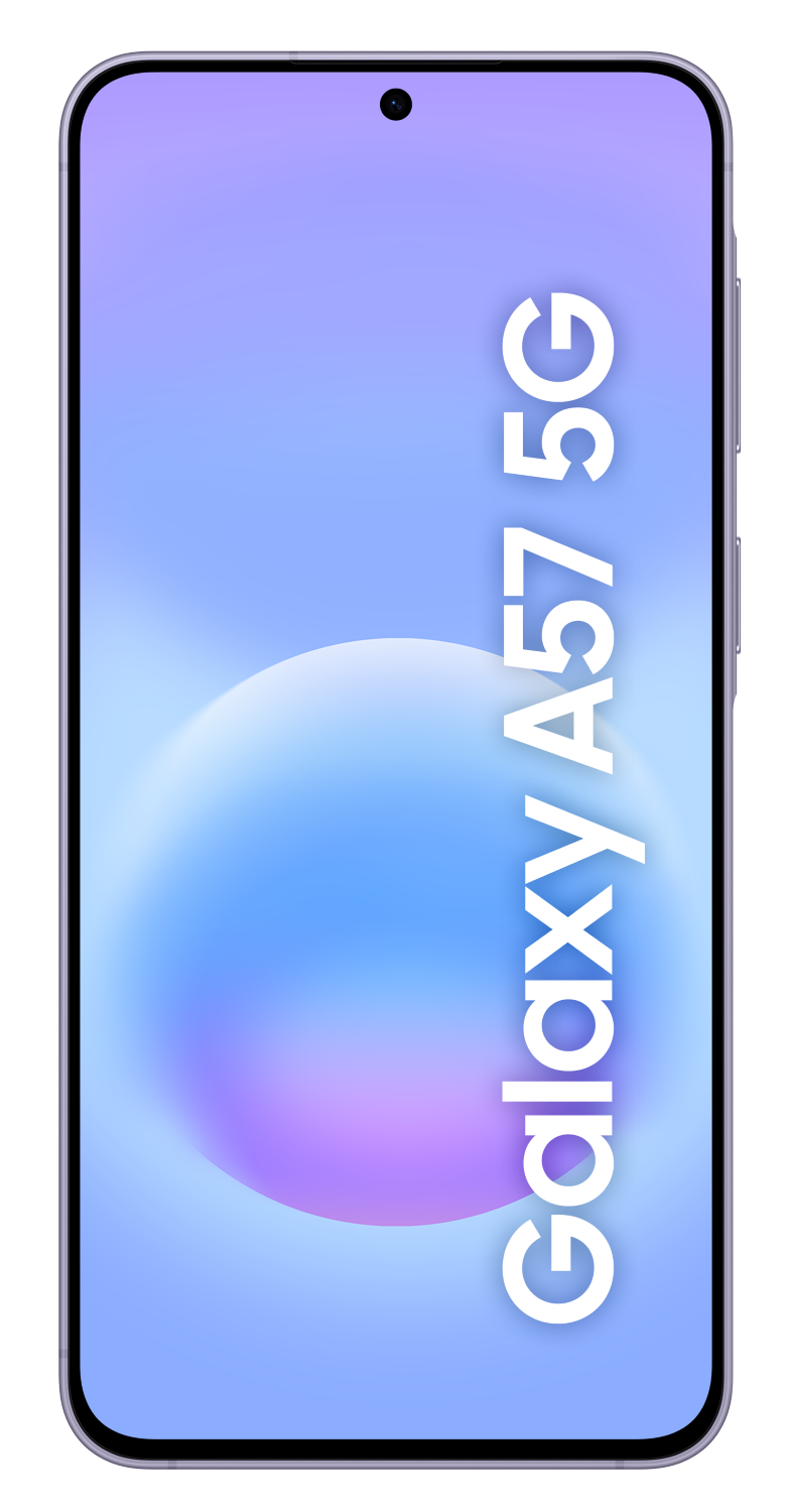 Fioletowy smartfon Samsung Galaxy A57 5G z abstrakcyjnym tłem.