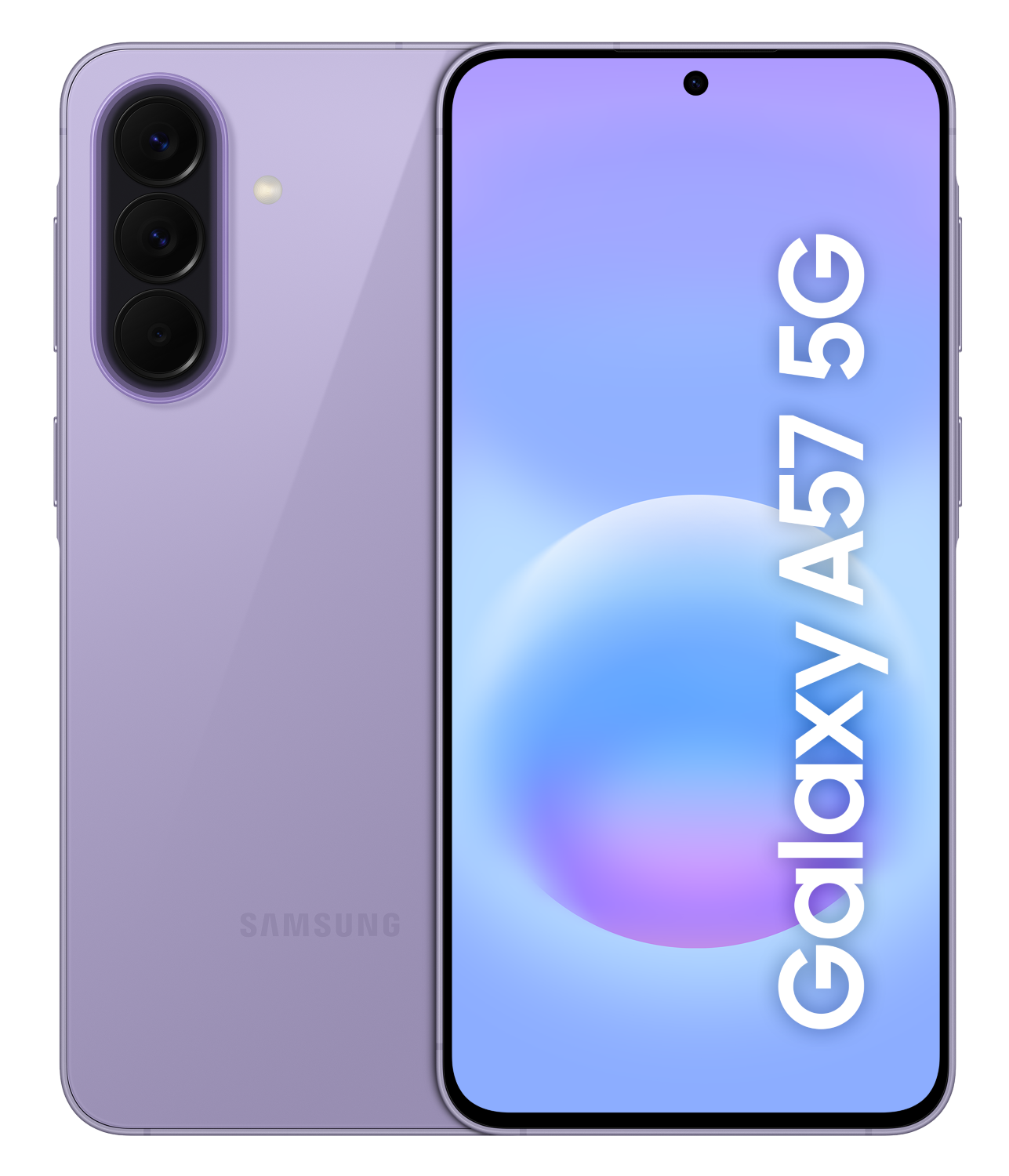 Fioletowy smartfon Samsung Galaxy A57 5G z trzema aparatami z tyłu.