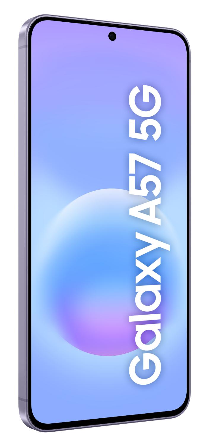 Fioletowy smartfon z napisem "Galaxy A57 5G" na ekranie.