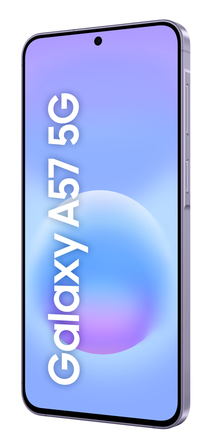 Fioletowy smartfon Samsung Galaxy A57 5G na stylizowanym tle.