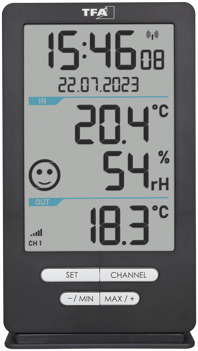 Digitaluhr mit Datum, Innen- und Außentemperatur, Luftfeuchtigkeit und Smiley.