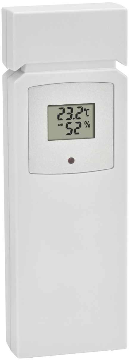 Ein weißes Digitalthermometer zeigt 23,2 Grad Celsius und 52% Luftfeuchtigkeit an.
