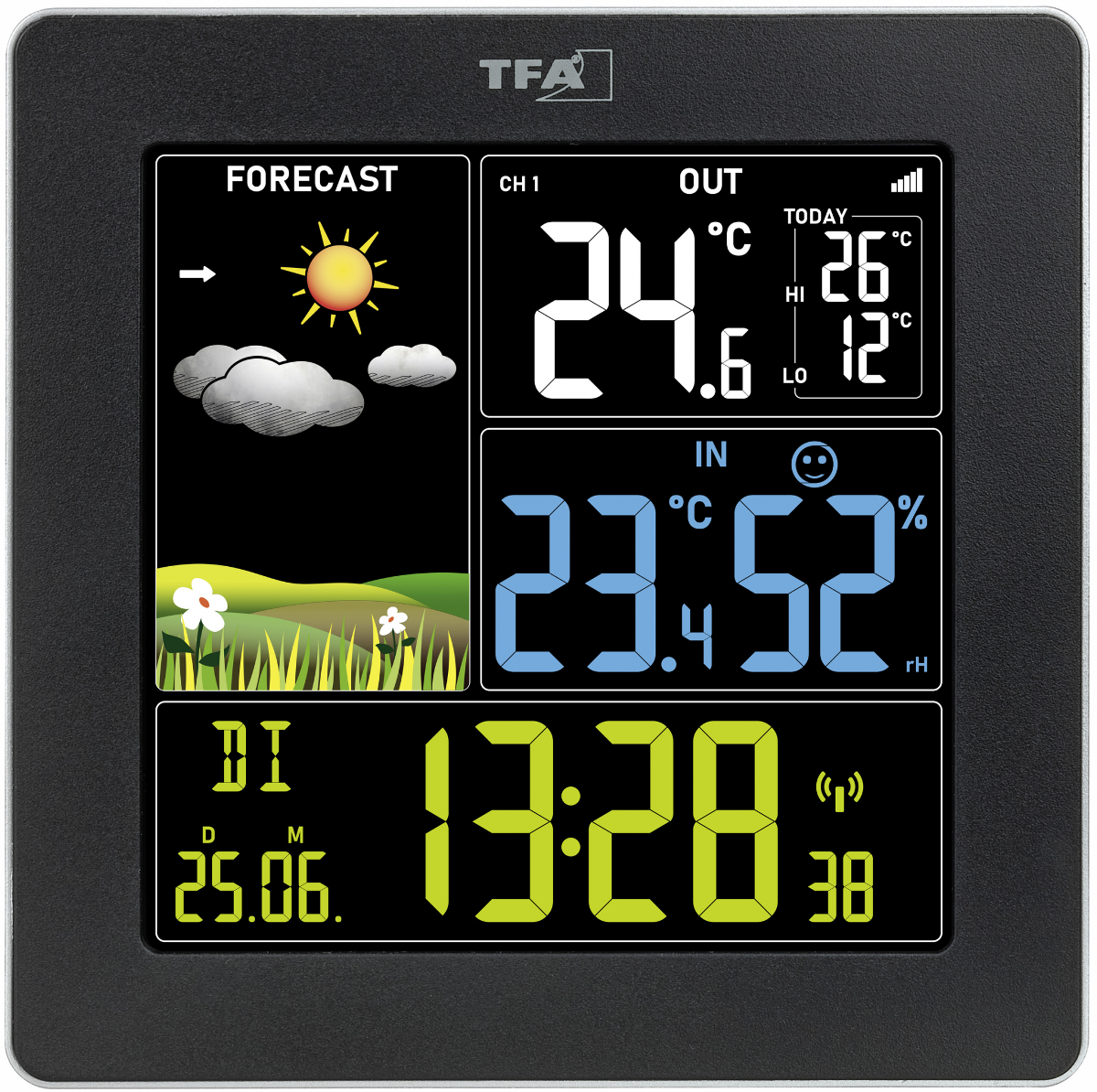 Digitales Wettergerät zeigt Sonne, Wolken, 24°C außen, 23.4°C innen, 52% Luftfeuchtigkeit und 13:28 Uhr.