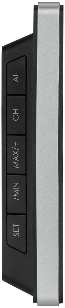 Schwarzes Gerät mit silbernem Streifen und Tasten: SET, -/MIN, MAX/+, CH, AL.