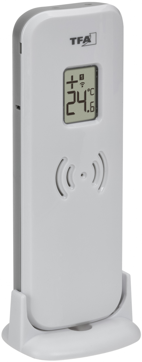 Ein weies TFA-Thermometer mit digitaler Anzeige und grauer Umrandung auf einem Ständer.