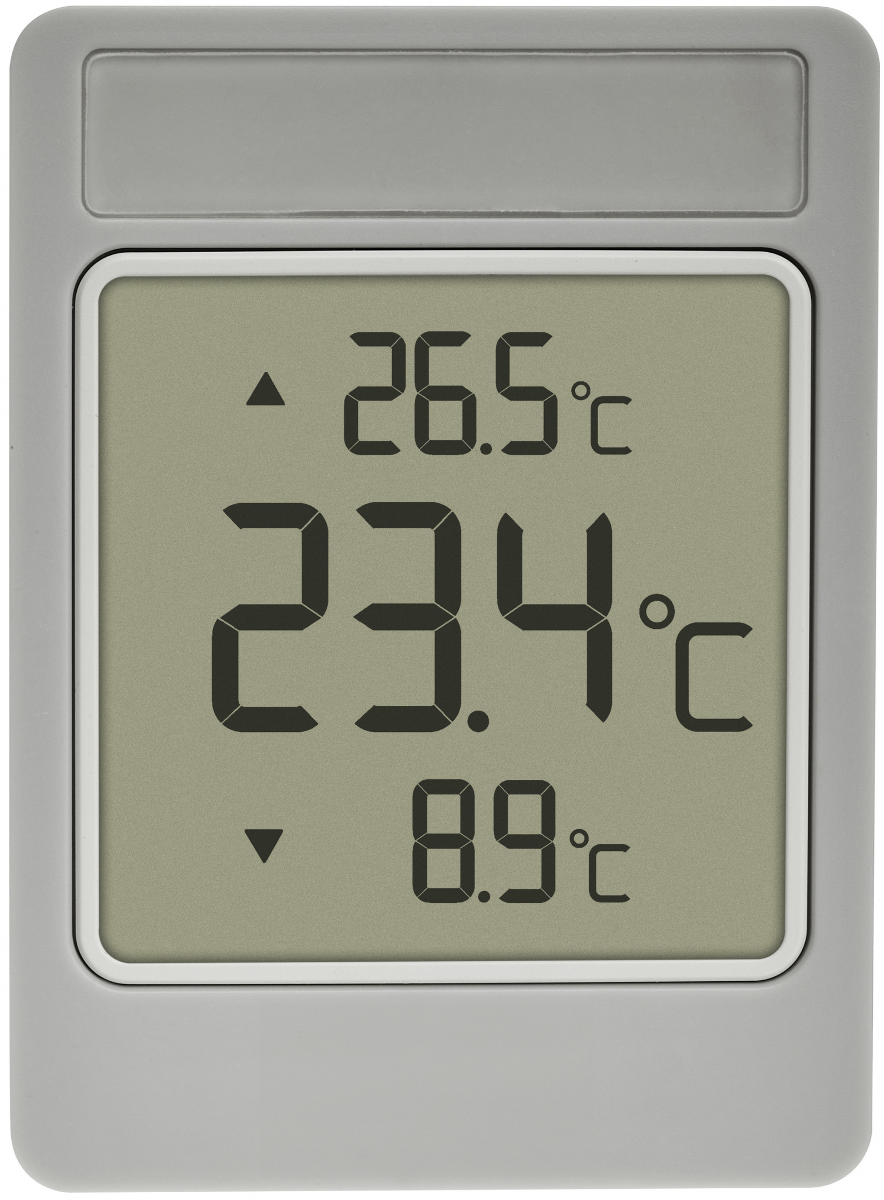 Ein graues digitales Thermometer zeigt 26,5°C, 23,4°C und 8,9°C an.