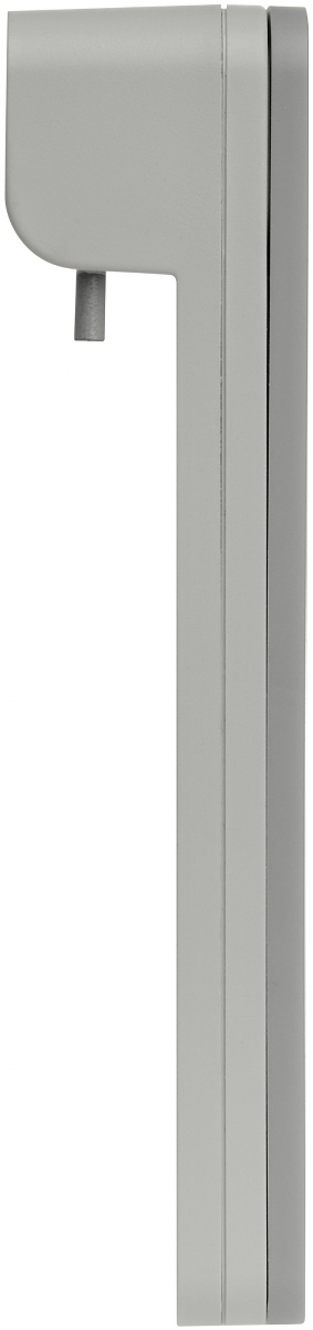 Graues Gehäuse mit einem Metallstift, Vorderansicht.