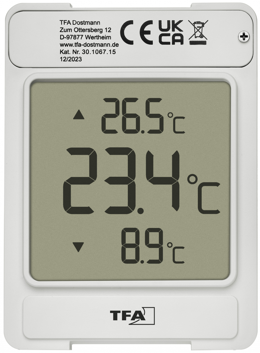 Ein weißes digitales Thermometer zeigt 26.5°C, 23.4°C und 8.9°C an.