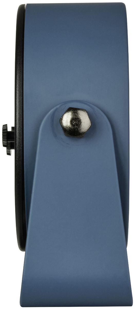 Ein blauer Scheinwerfer mit silbernem Bolzen und schwarzem Einstellknopf.