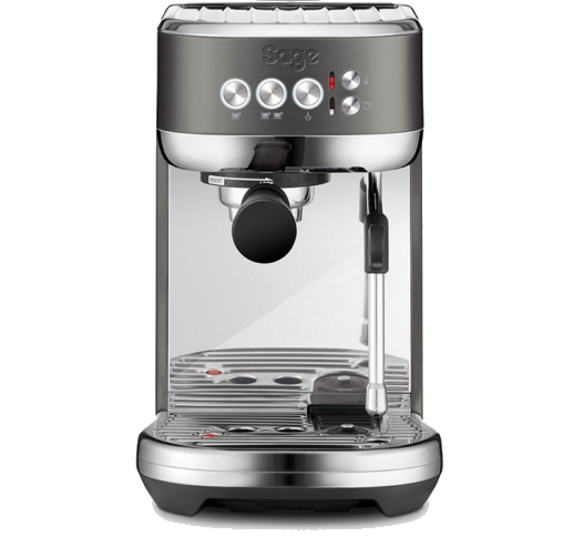 Szara maszyna do espresso ze srebrnymi przyciskami i dyszą parową.