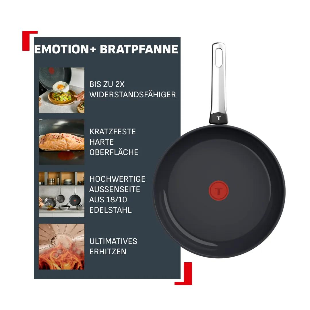 Eine schwarze Bratpfanne mit silbernem Griff und rotem Thermospot. Texte beschreiben Eigenschaften.