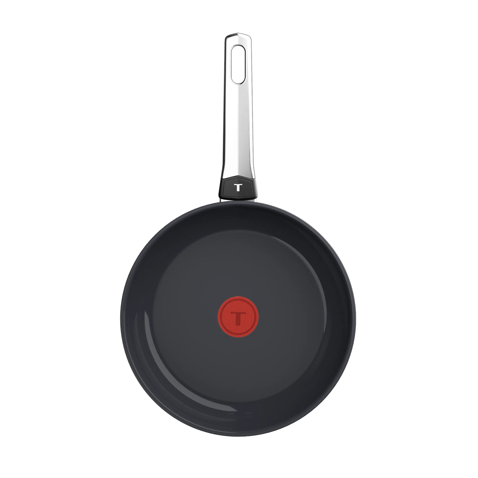 Graue Bratpfanne mit silbernem Griff und rotem Thermosignal-Punkt.