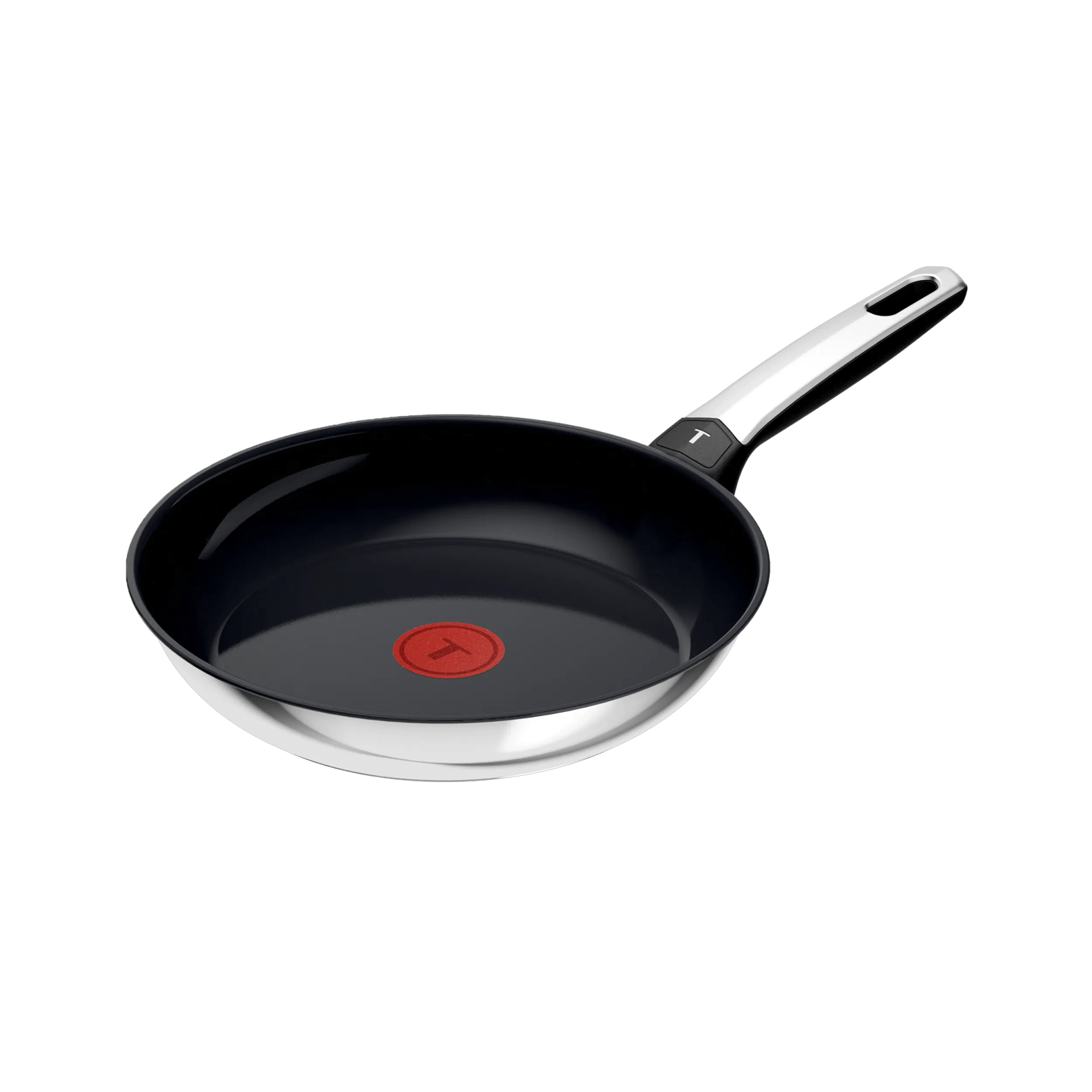 Eine schwarze Bratpfanne mit silbernem Griff und rotem Thermopunkt.