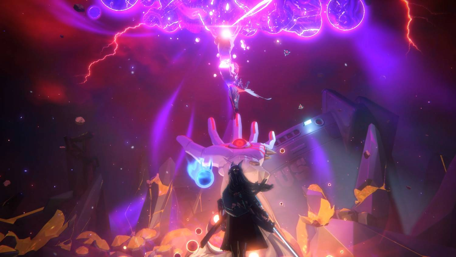 Una figura se alza ante una mano púrpura gigante, rodeada de luces cósmicas y relámpagos.