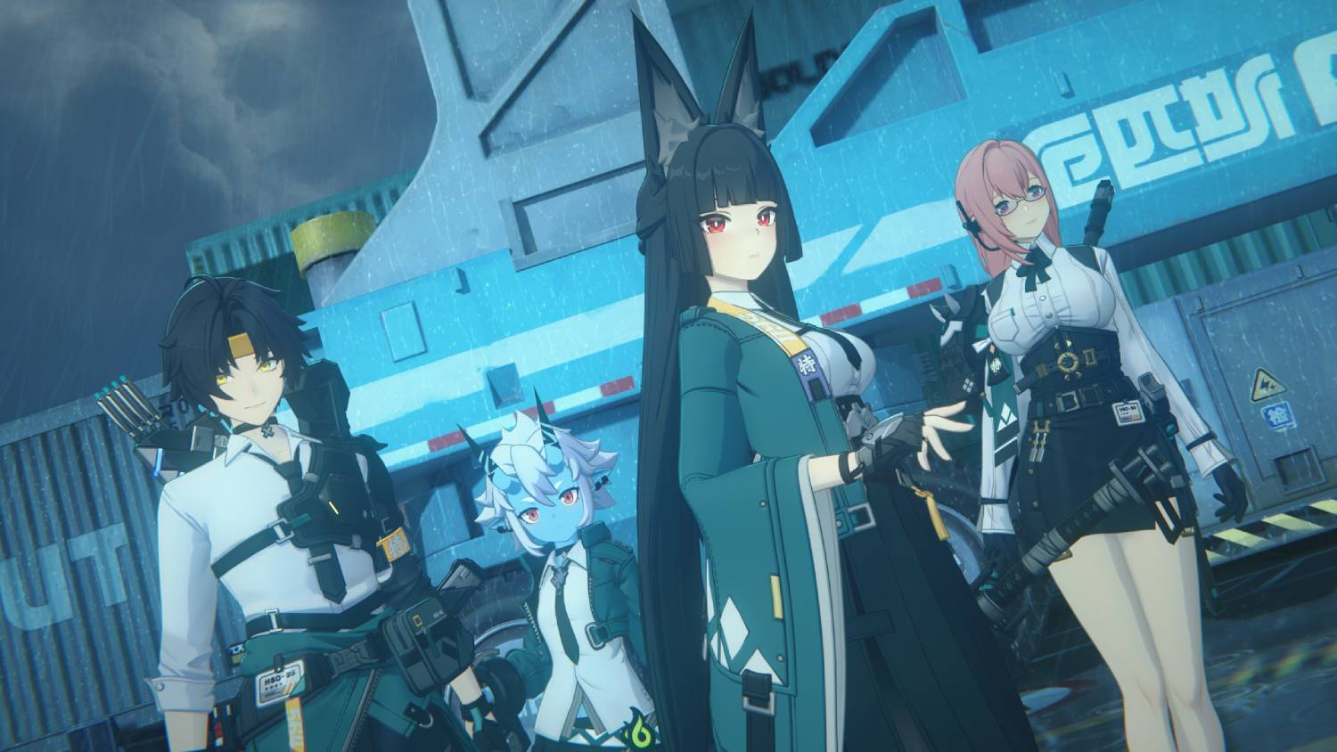 Cuatro personajes de anime frente a un contenedor azul bajo la lluvia.