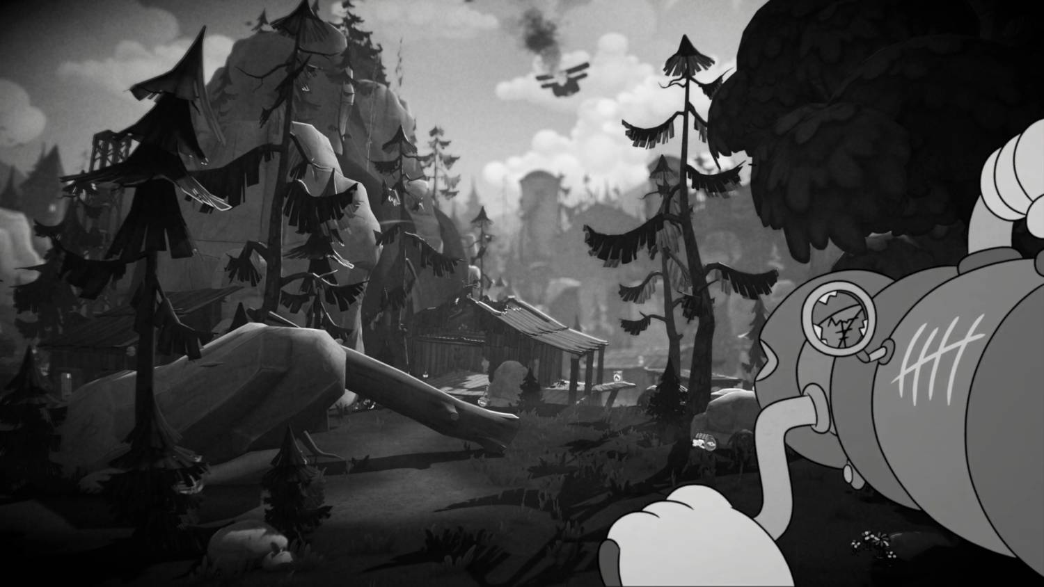 Presenta una escena estilo caricatura con paisaje, avión y personaje.