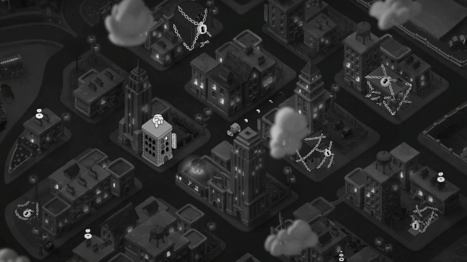 Vista isométrica en blanco y negro de una ciudad con edificios y cadenas.