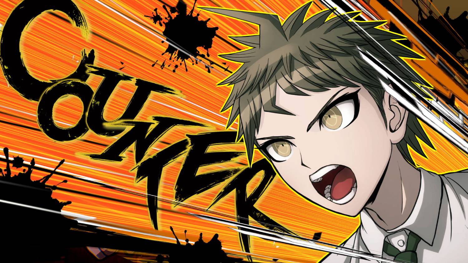 Personaje de anime con pelo castaño y ojos amarillos grita sobre fondo naranja.