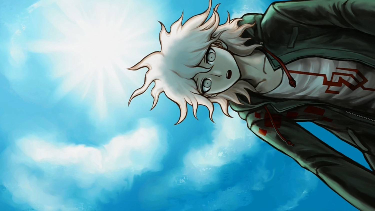 Un personaje de anime con cabello blanco mira un cielo brillante desde arriba.