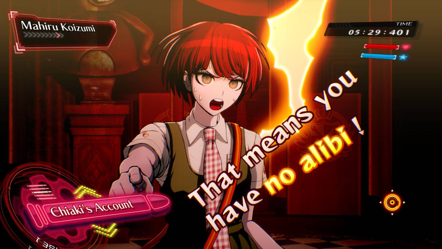 Mahiru Koizumi con cabello rojo, diciendo: "¡Eso significa que no tienes coartada!".
