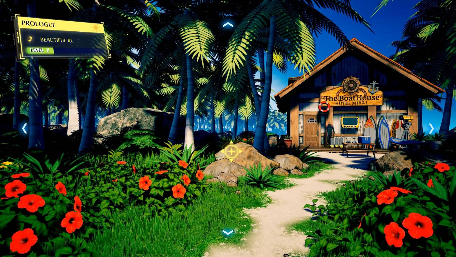 Un paraíso tropical con una casa de botes, palmeras y flores de hibisco rojas.