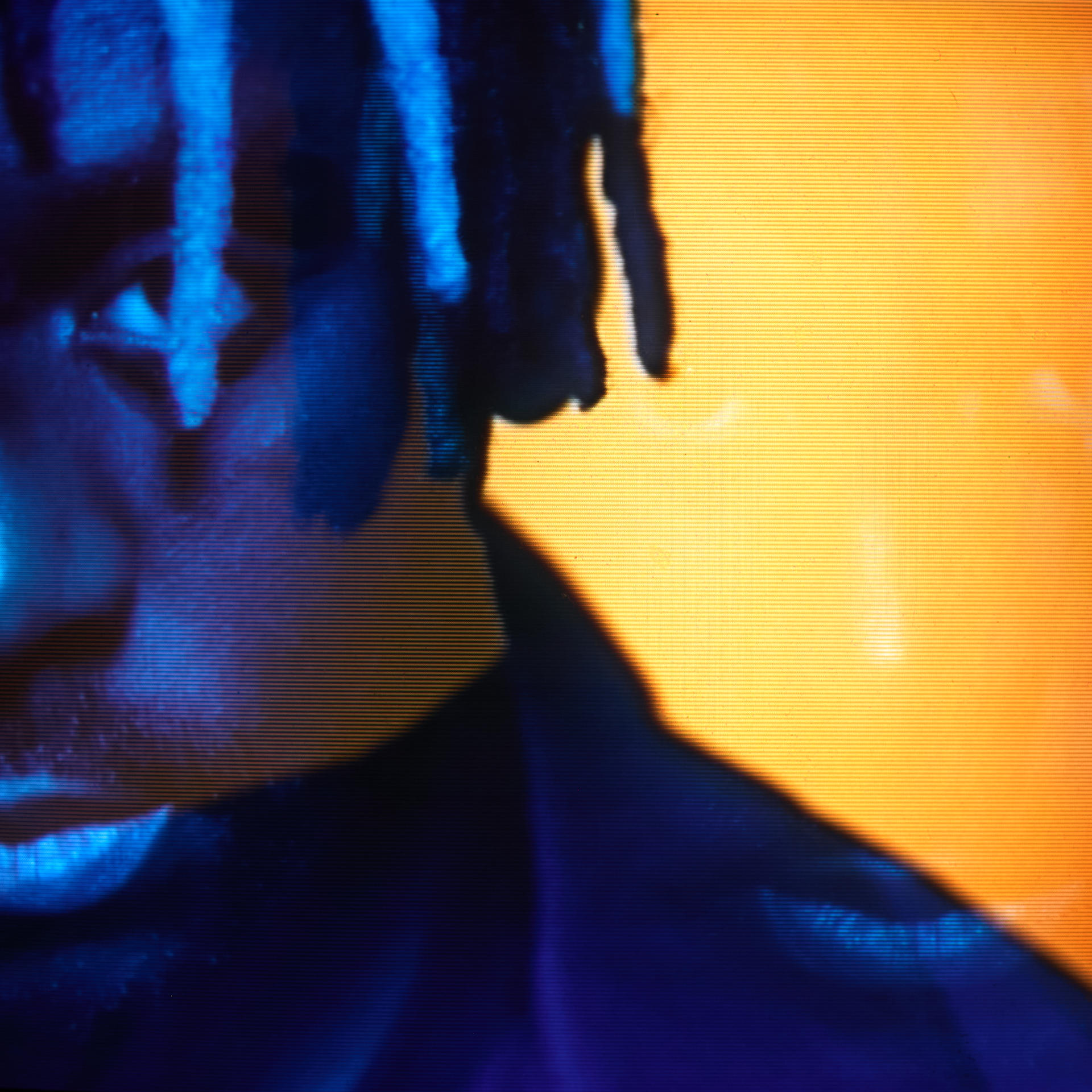 Ein Mann mit Dreadlocks und blauen Lichtern auf einem orangefarbenen Hintergrund.