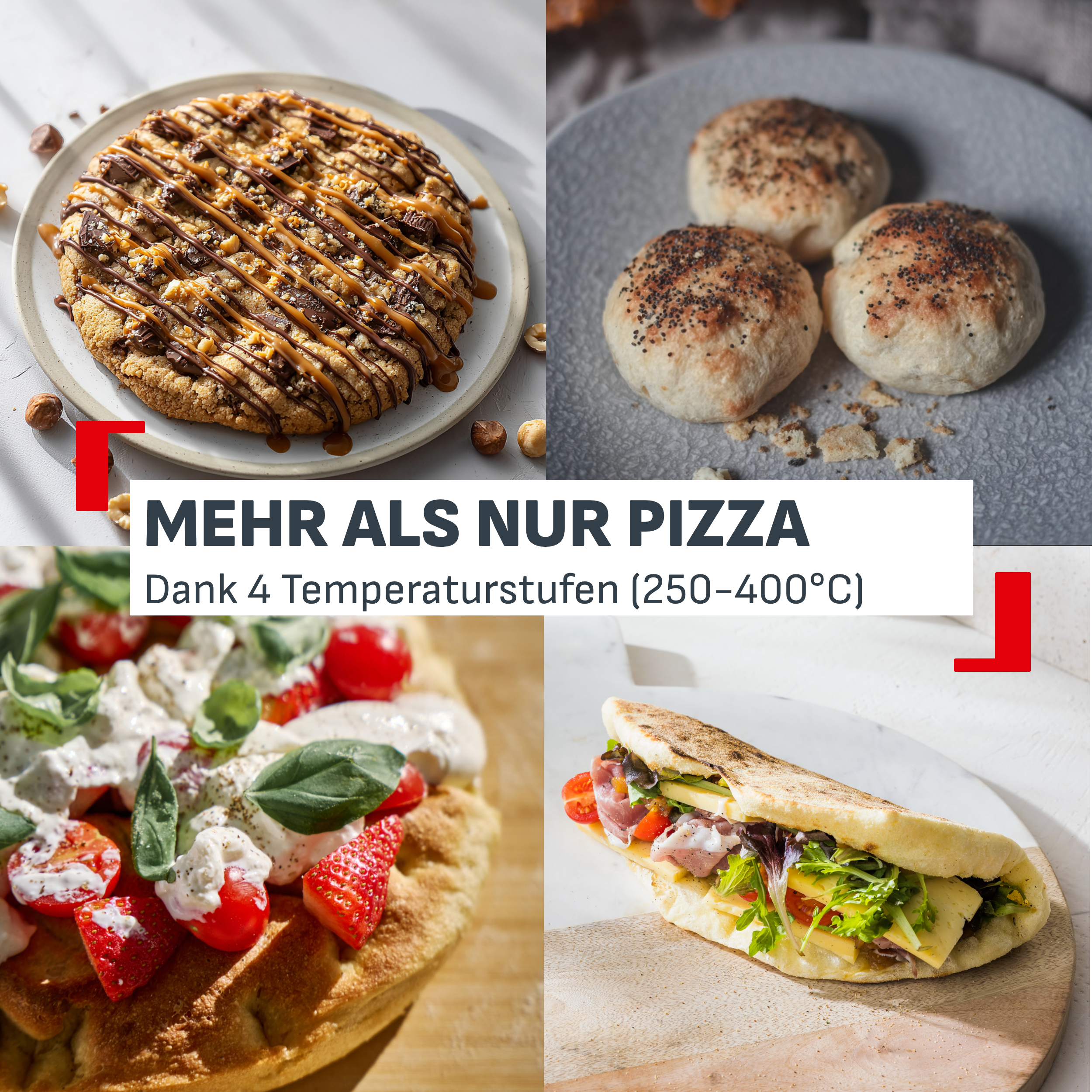 Vier verschiedene Gerichte: Cookie, Brötchen, Focaccia und Pita. Mehr als nur Pizza.