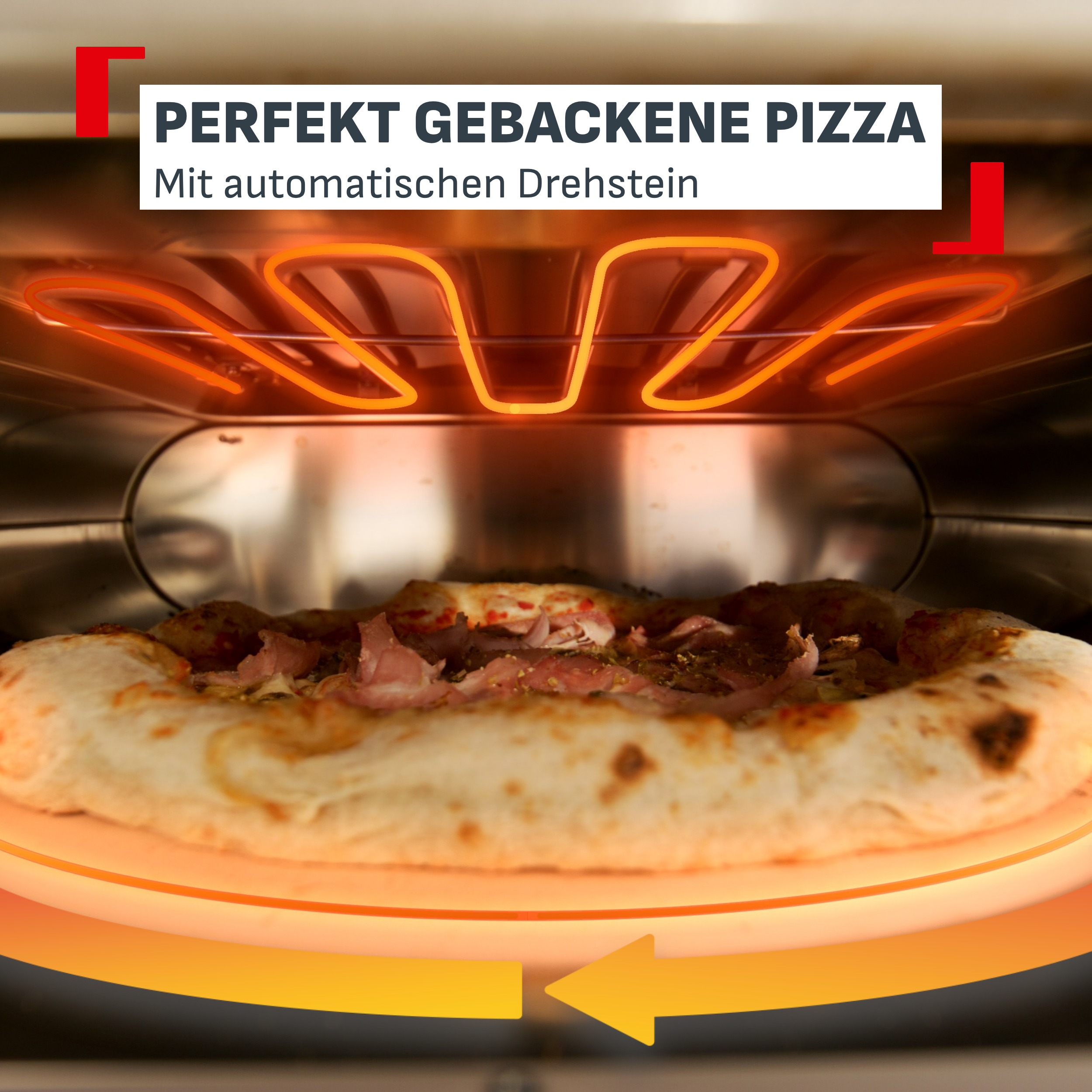 Pizza mit Schinken im Ofen, mit glühenden Heizelementen und Pfeilen.