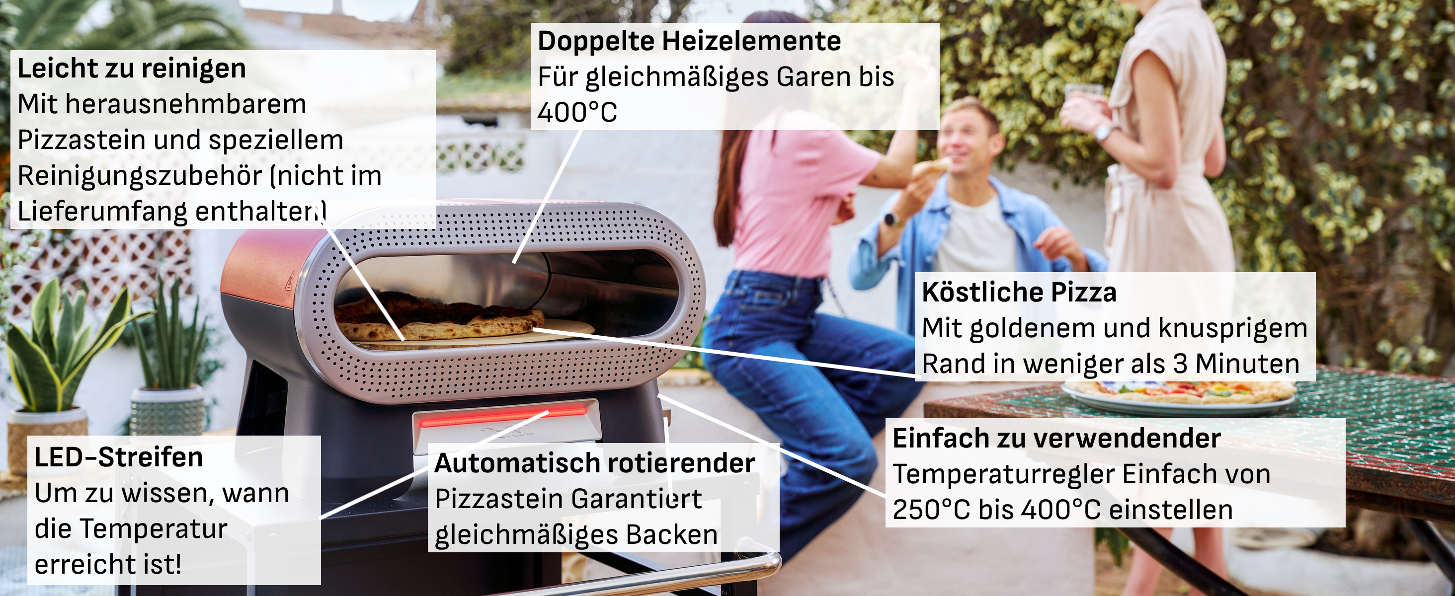 Pizzaofen mit rotierendem Stein, Menschen im Freien genießen Pizza.