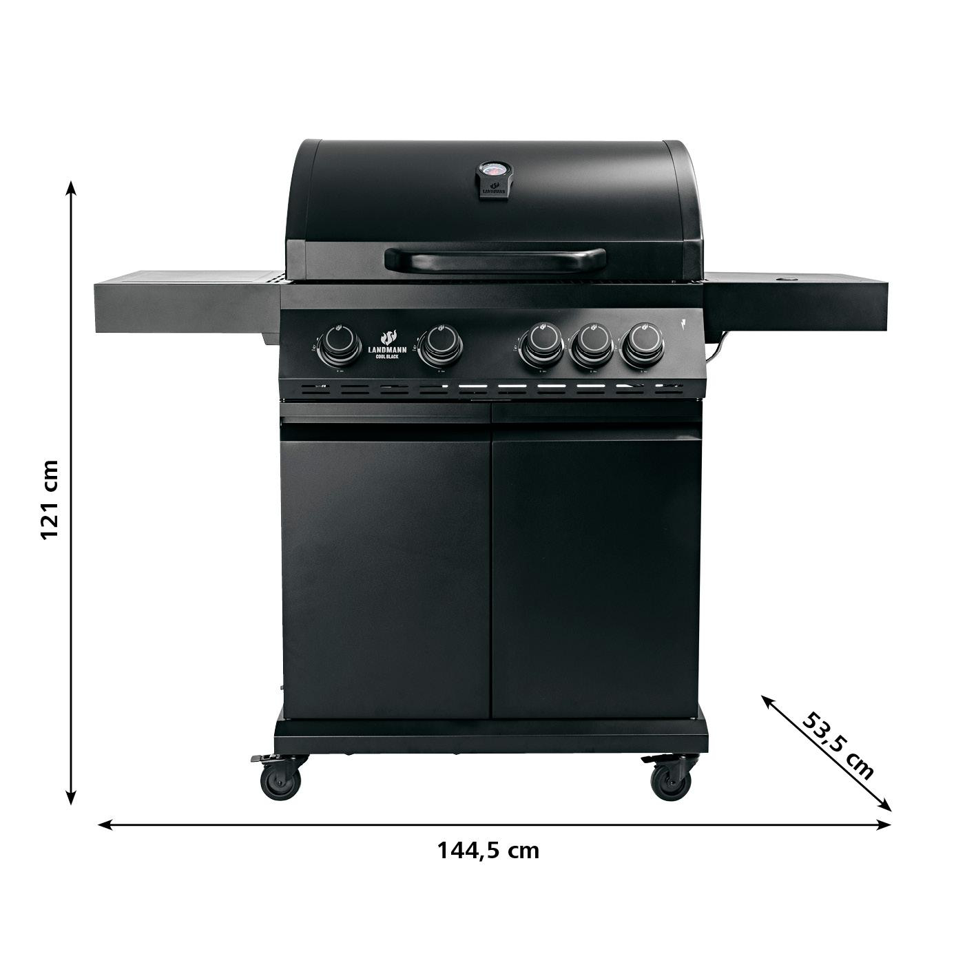 Schwarzer Gasgrill mit zwei Seitenablagen, Bedienelementen und Rädern.