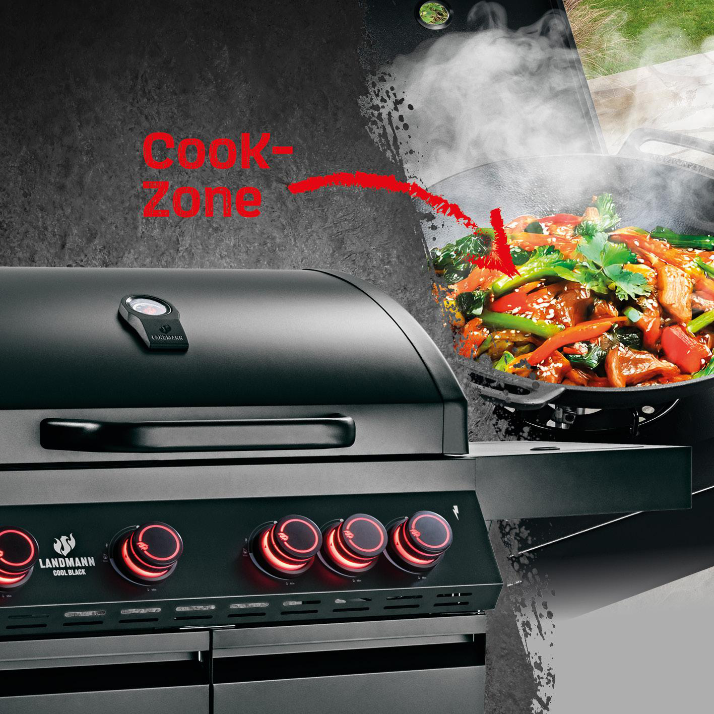 Ein schwarzer Grill mit wok-gebratenem Essen und Dampf wird auf dem Herd gezeigt.