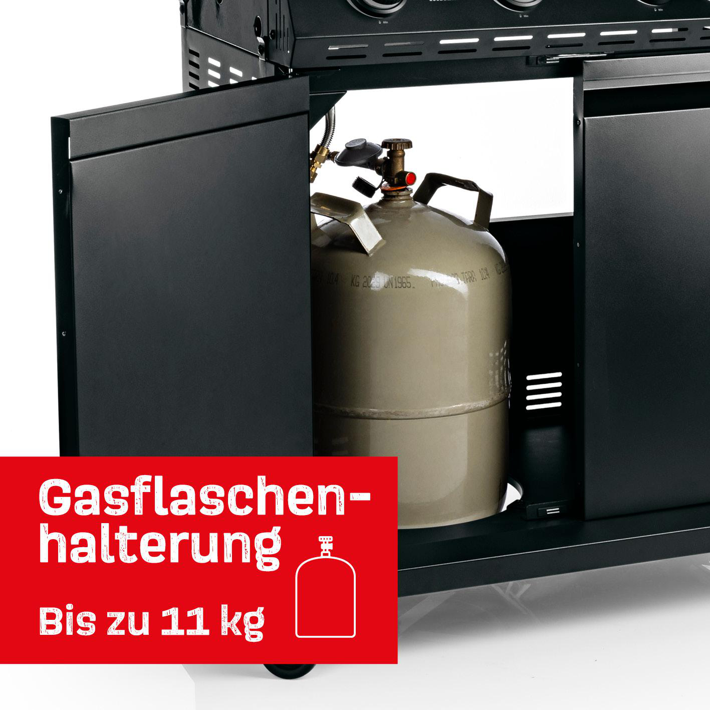Gasflaschenhalterung für bis zu 11 kg Gasflaschen im Grillunterschrank.