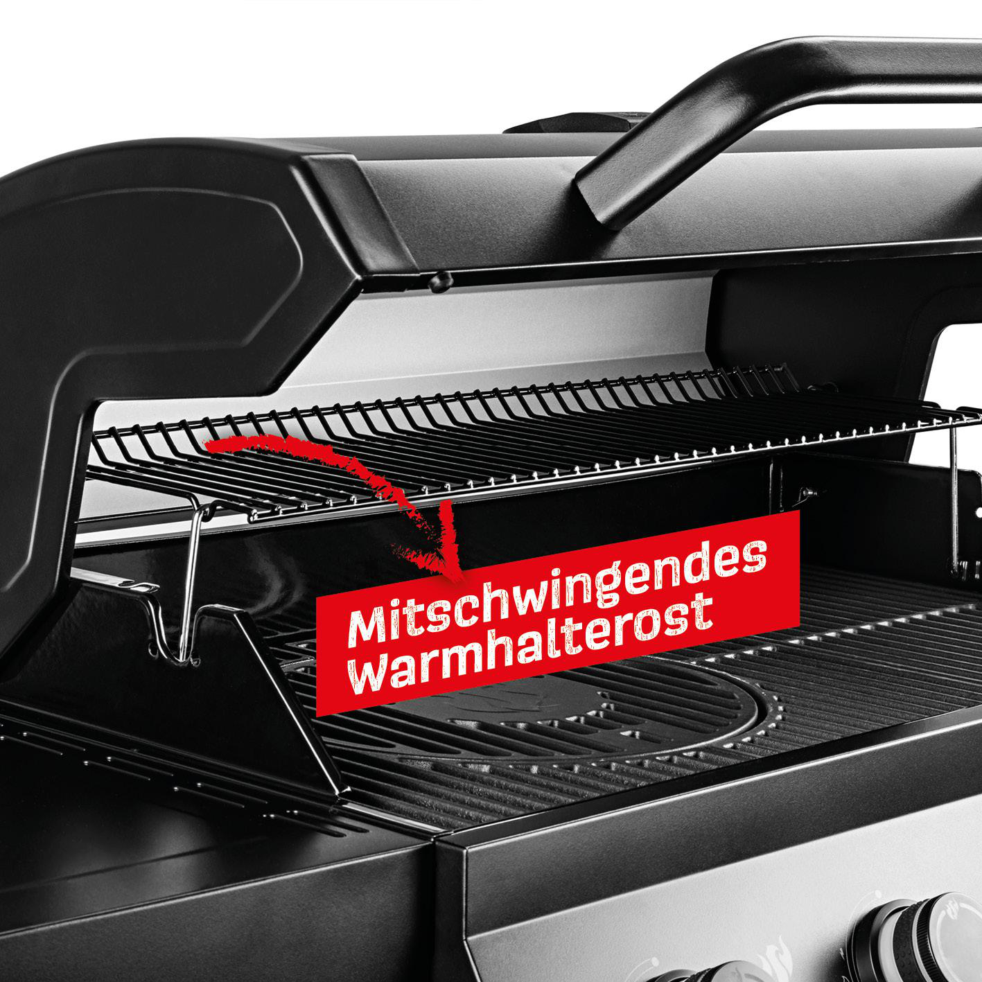 Ein Grillrost mit rotem Hinweispfeil und Text "Mitschwingendes Warmhalterost".