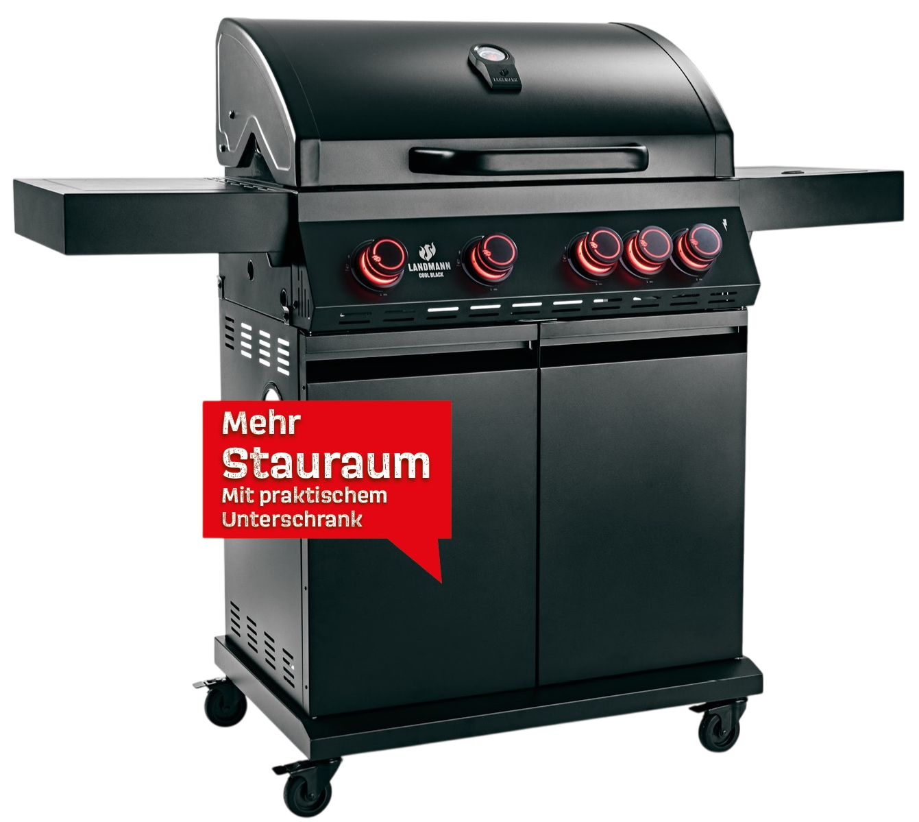 Schwarzer Gasgrill mit vier roten Bedienelementen und Ablagen.