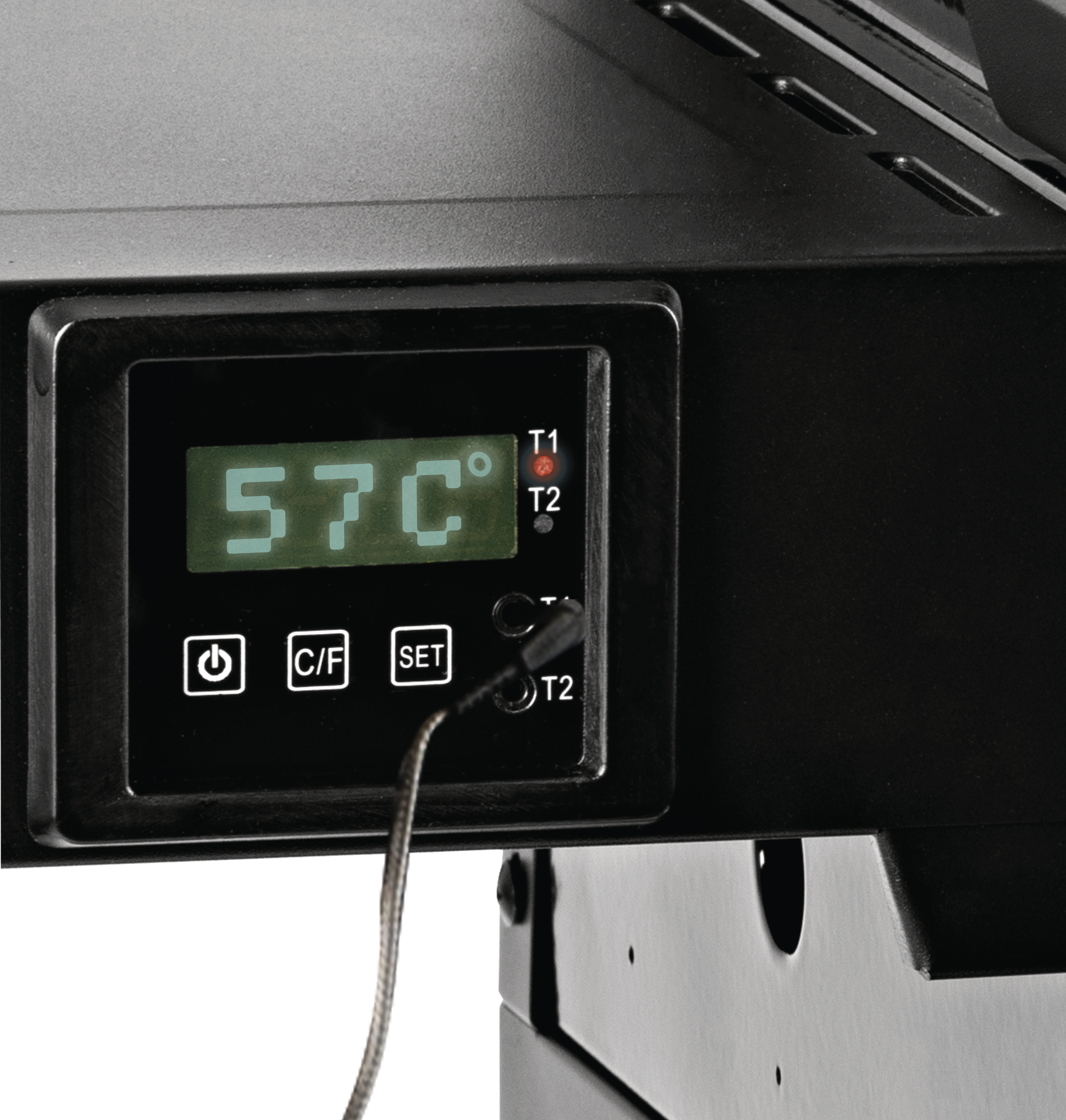 Digitalanzeige zeigt 57C, mit Tasten für Strom, C/F und SET. Eine Sonde ist angeschlossen.
