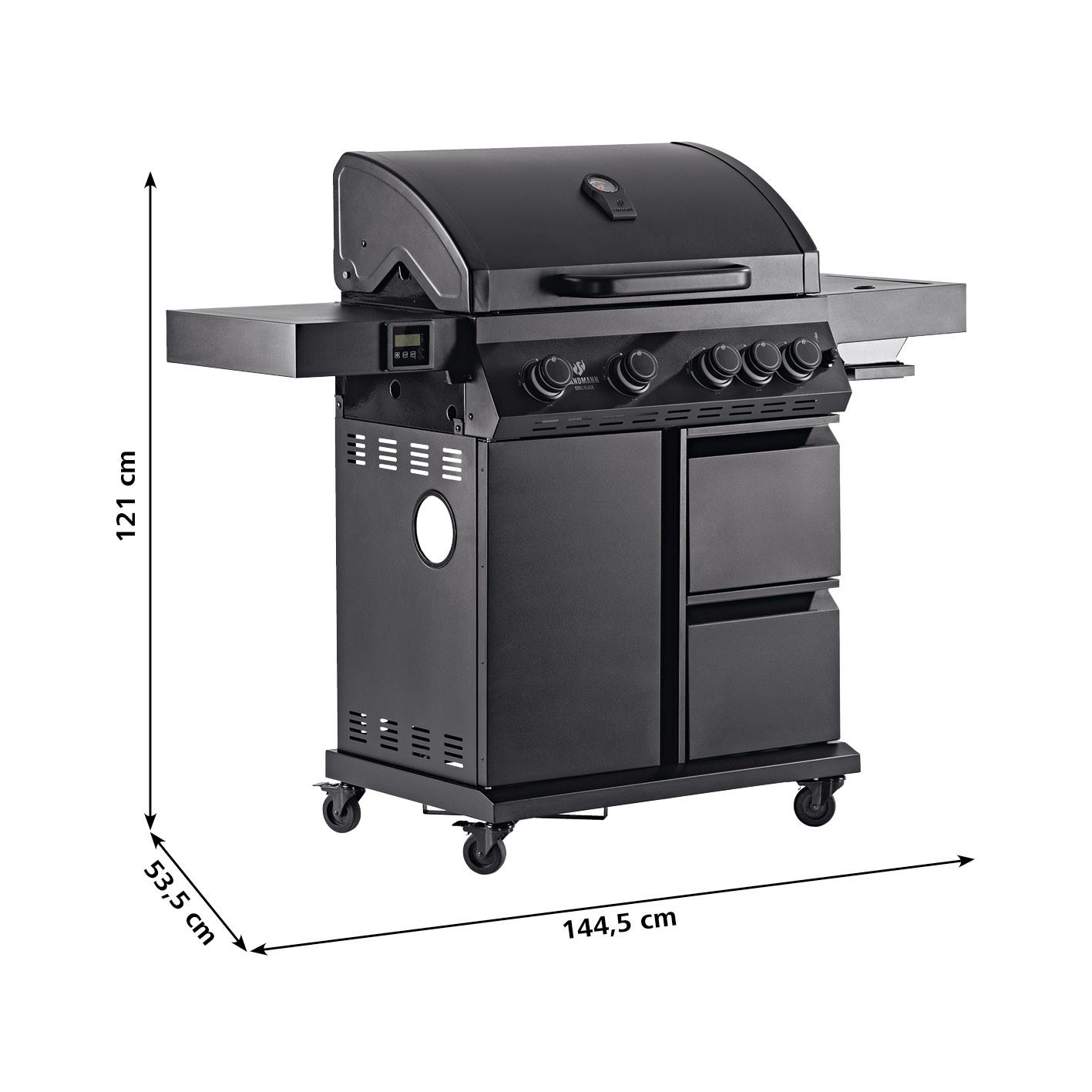 Schwarzer Gasgrill mit Rädern, Seitenablagen und Schubladen. Maße: 144,5 x 53,5 x 121 cm.