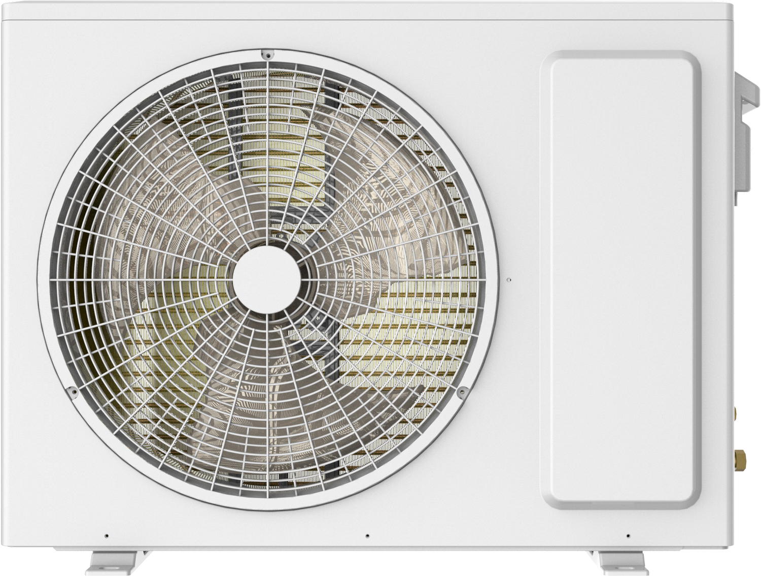 Unidad exterior de aire acondicionado blanca con rejilla de ventilador grande.
