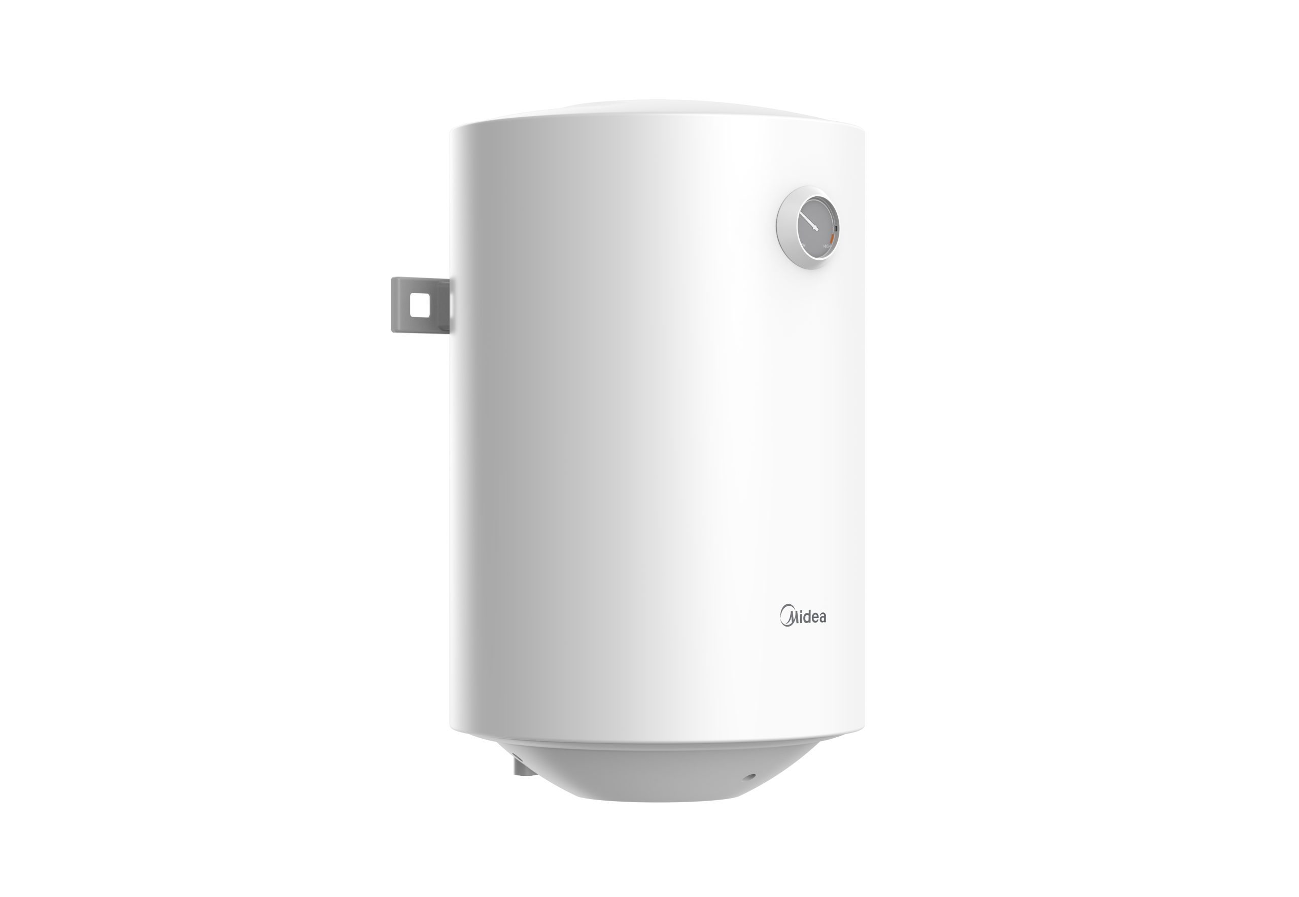 Un calentador de agua blanco con un dial de temperatura y el logo de Midea.
