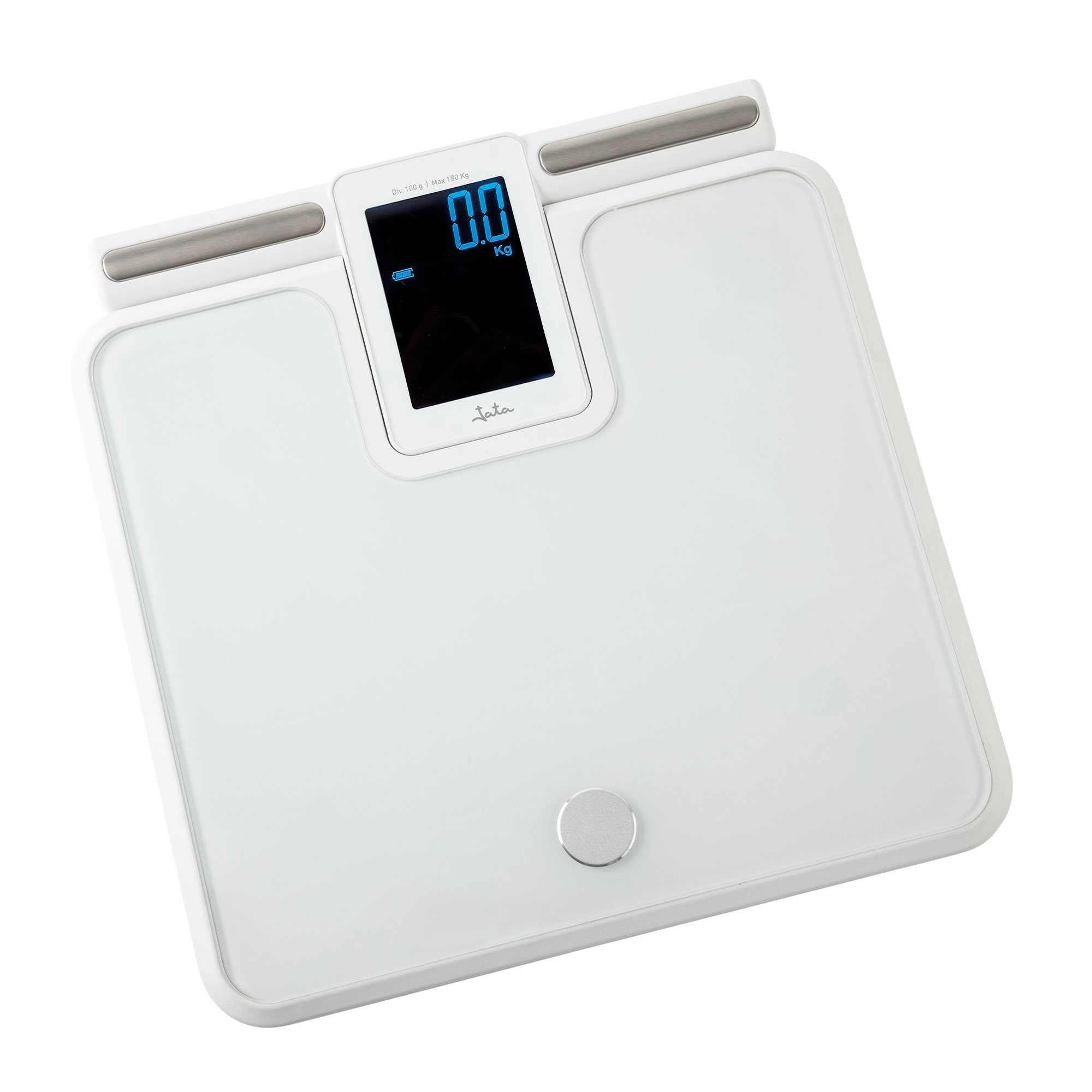 Una báscula digital blanca con pantalla digital que muestra 0,0 kg.