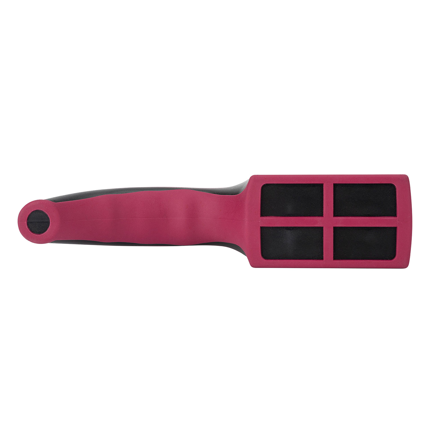 Herramienta de mango rosa con inserciones negras, un raspador.