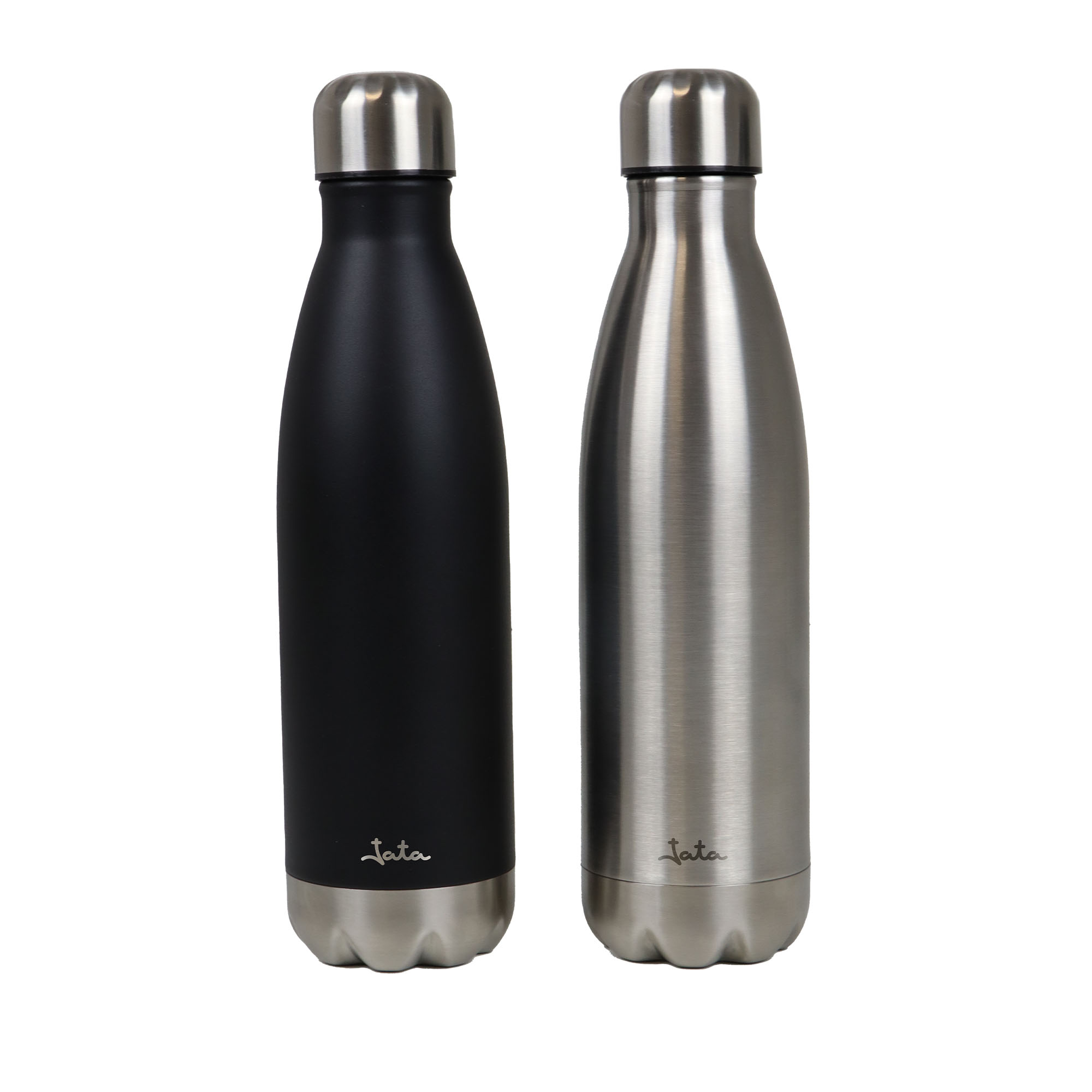 Dos botellas de agua de acero inoxidable, una negra y otra plateada, con tapón de rosca.