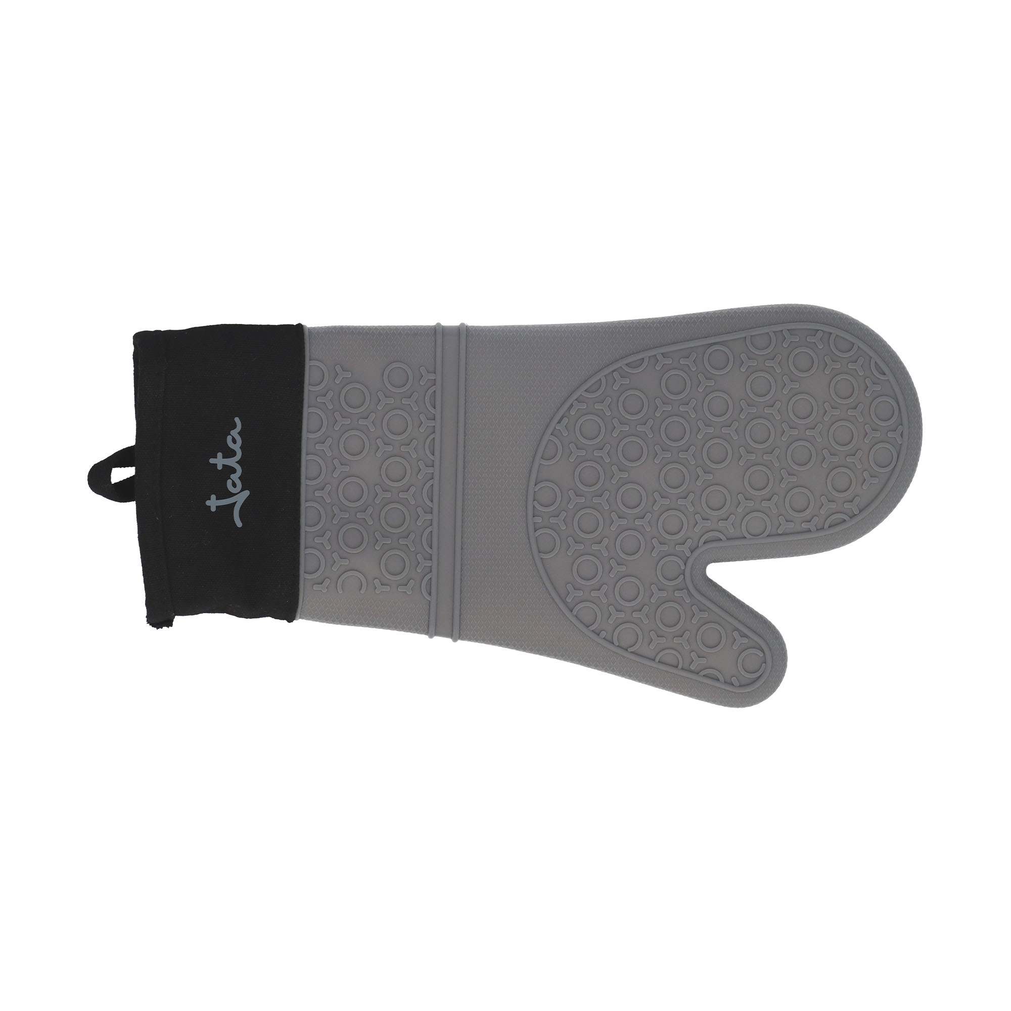 Manopla de horno gris de silicona con puño de tela negra y logo.