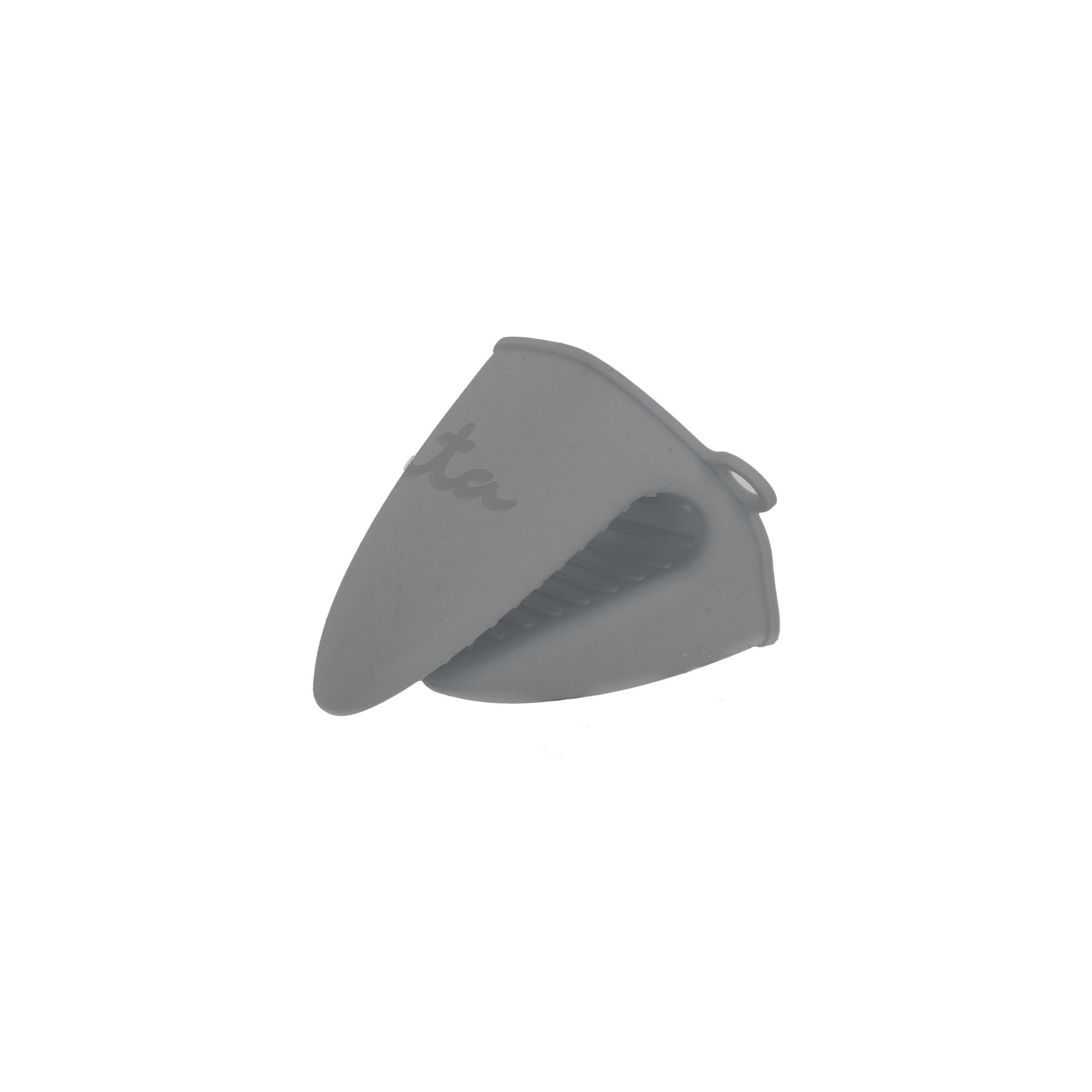 Pinza de silicona gris para horno con interior acanalado.