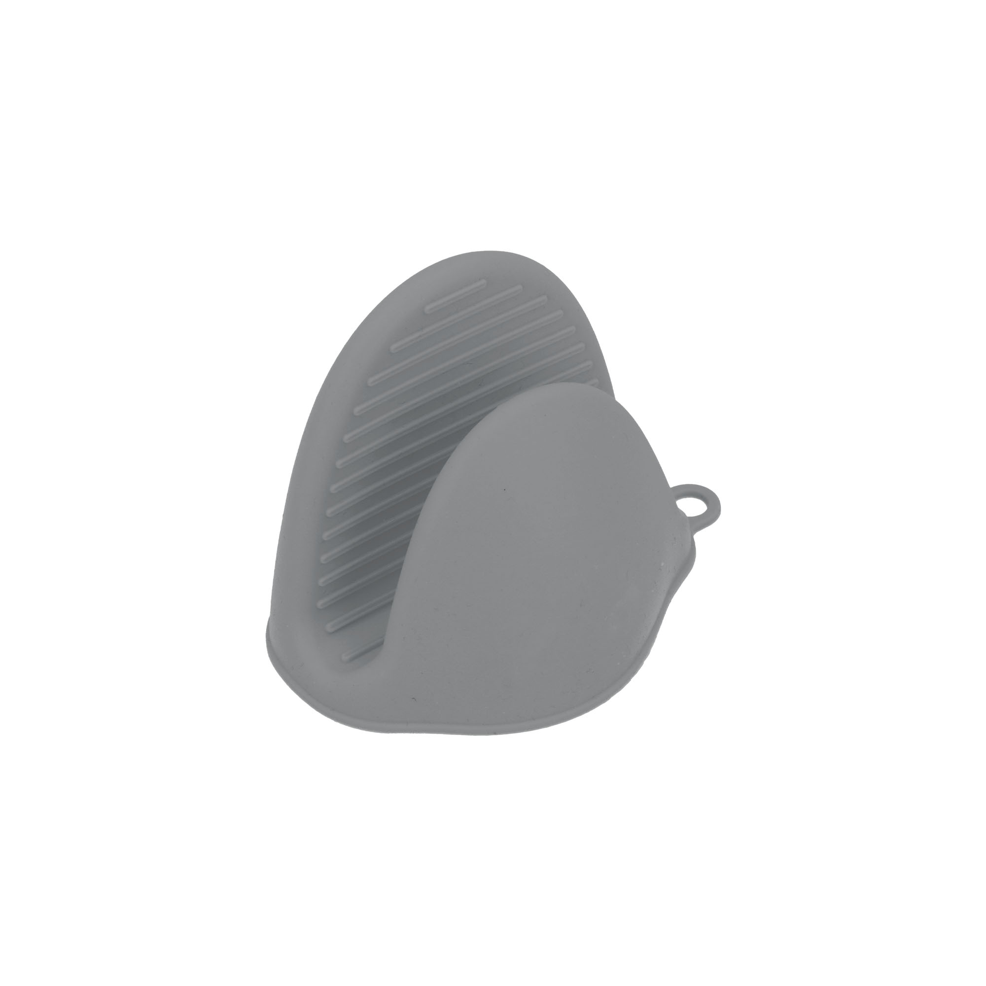 Pinza de silicona gris con estrías, aislada sobre fondo blanco.